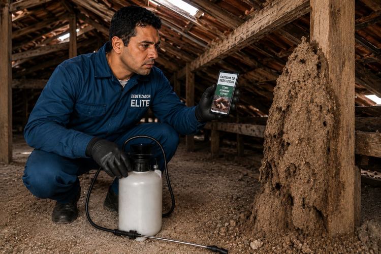 Dedetizador perto de um cupinzeiro consultando a cartilha no celular